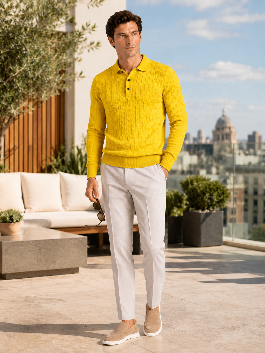 Men's cable knit V-neck polo – Yellow lifestyle view – Edward & Lawsen