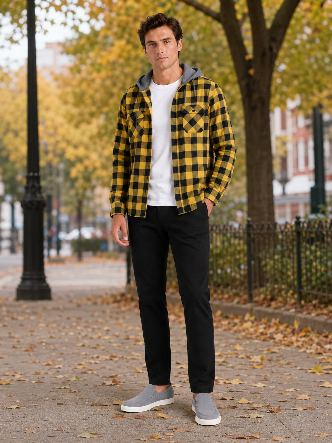 Men's plaid flannel jacket – Yellow lifestyle view – Edward & Lawsen