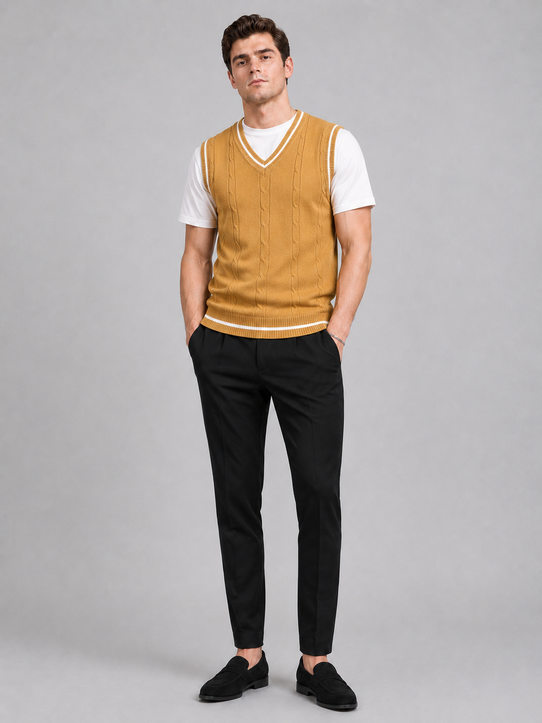 Men's patchwork sweater vest – Yellow full view – Edward & Lawsen