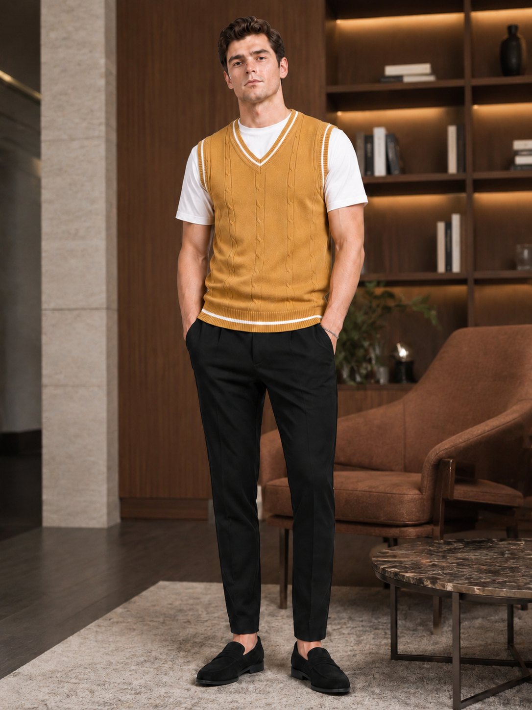 Men's patchwork sweater vest – Yellow lifestyle view – Edward & Lawsen