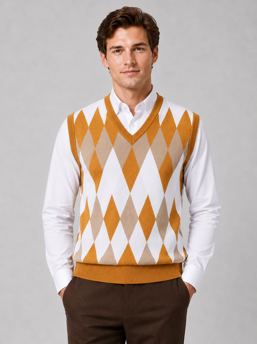 Men's argyle sweater vest – Yellow front view