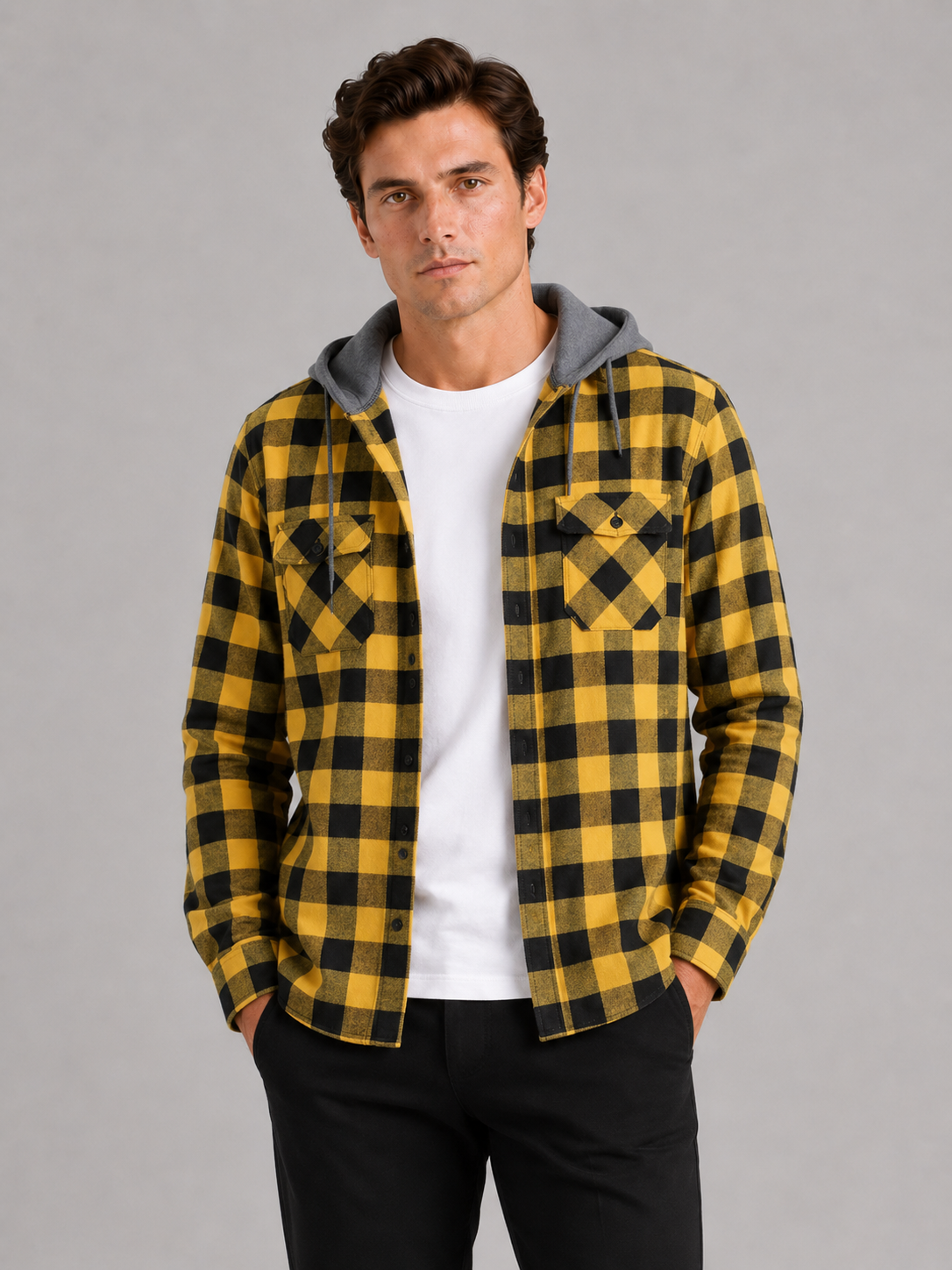 Men's plaid flannel jacket – Yellow front view – Edward & Lawsen