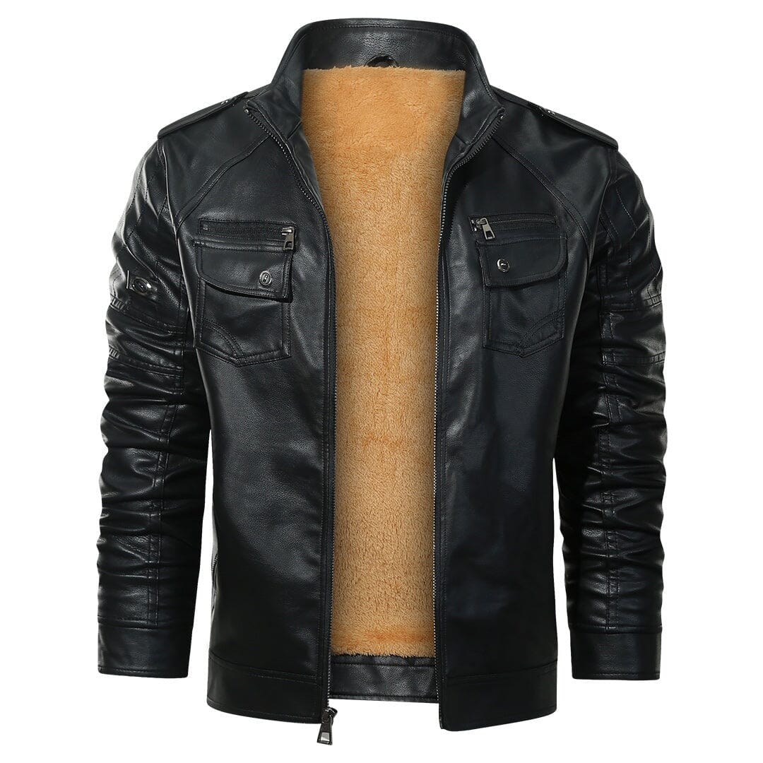 Men's teddy-lined faux-leather biker jacket – black – Edward Lawson
