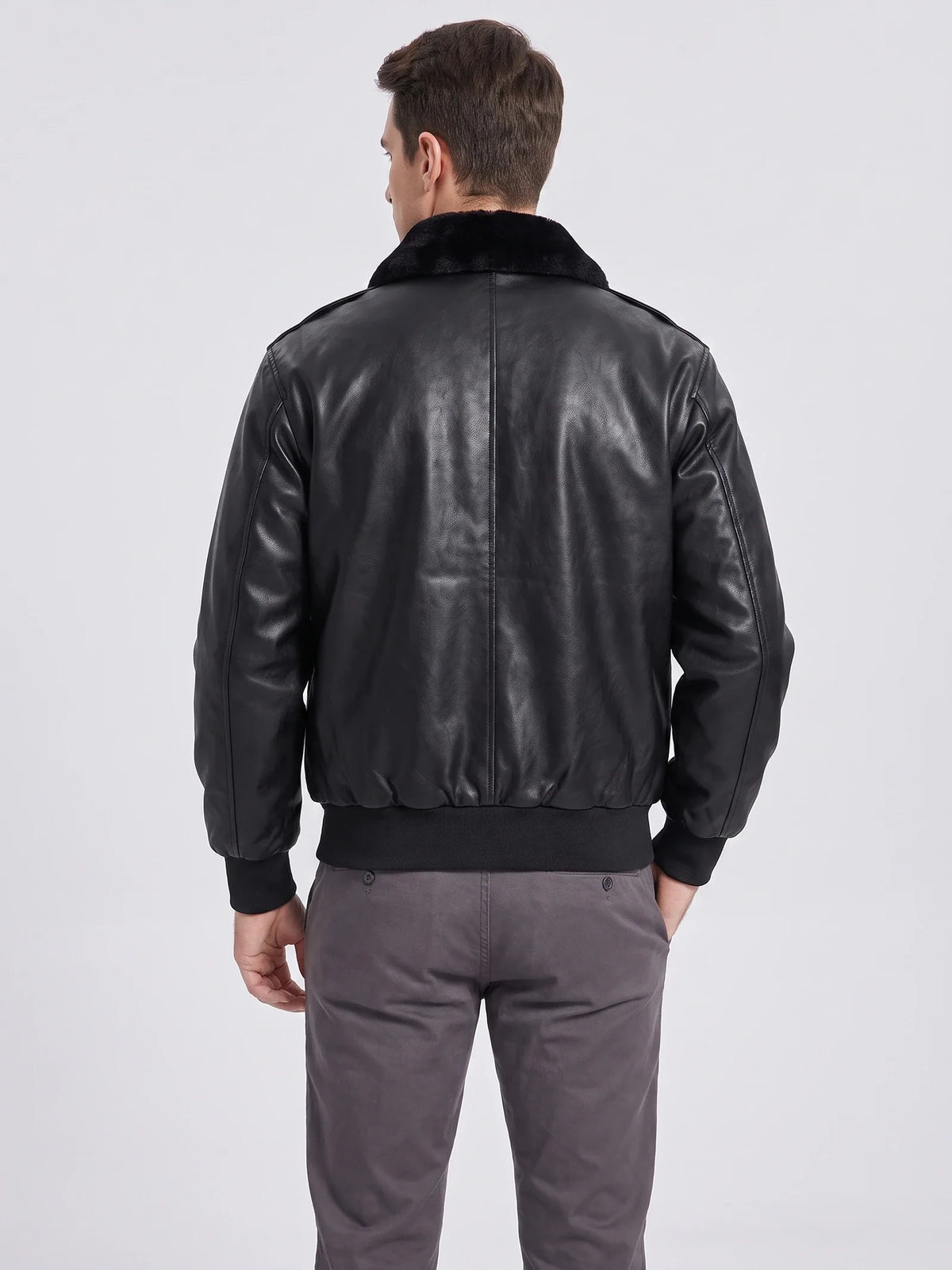 Men's black PU leather A-2 flight bomber jacket – Black back view – Edward & Lawsen