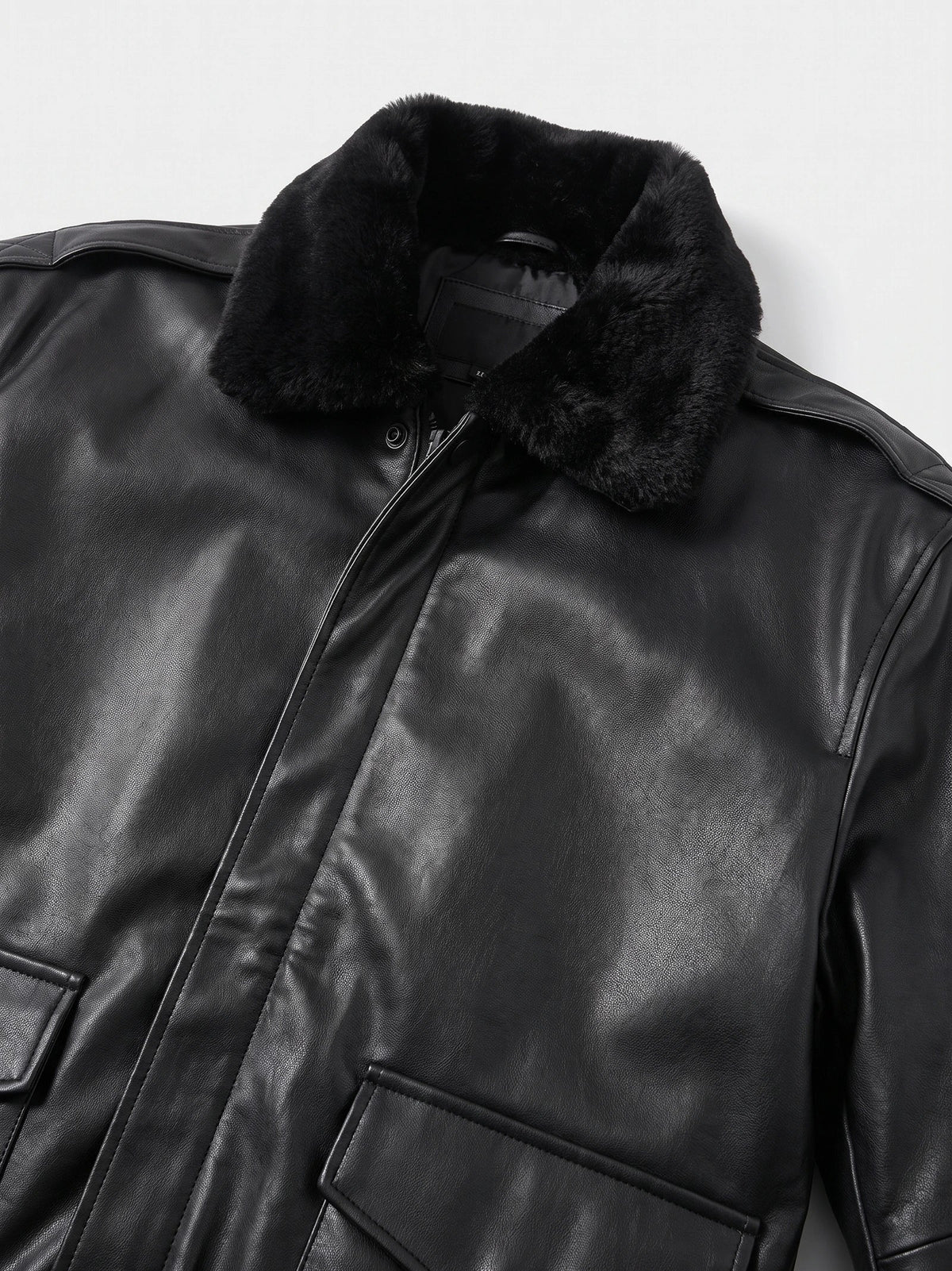 Men's black PU leather A-2 flight bomber jacket – Black detail view – Edward & Lawsen