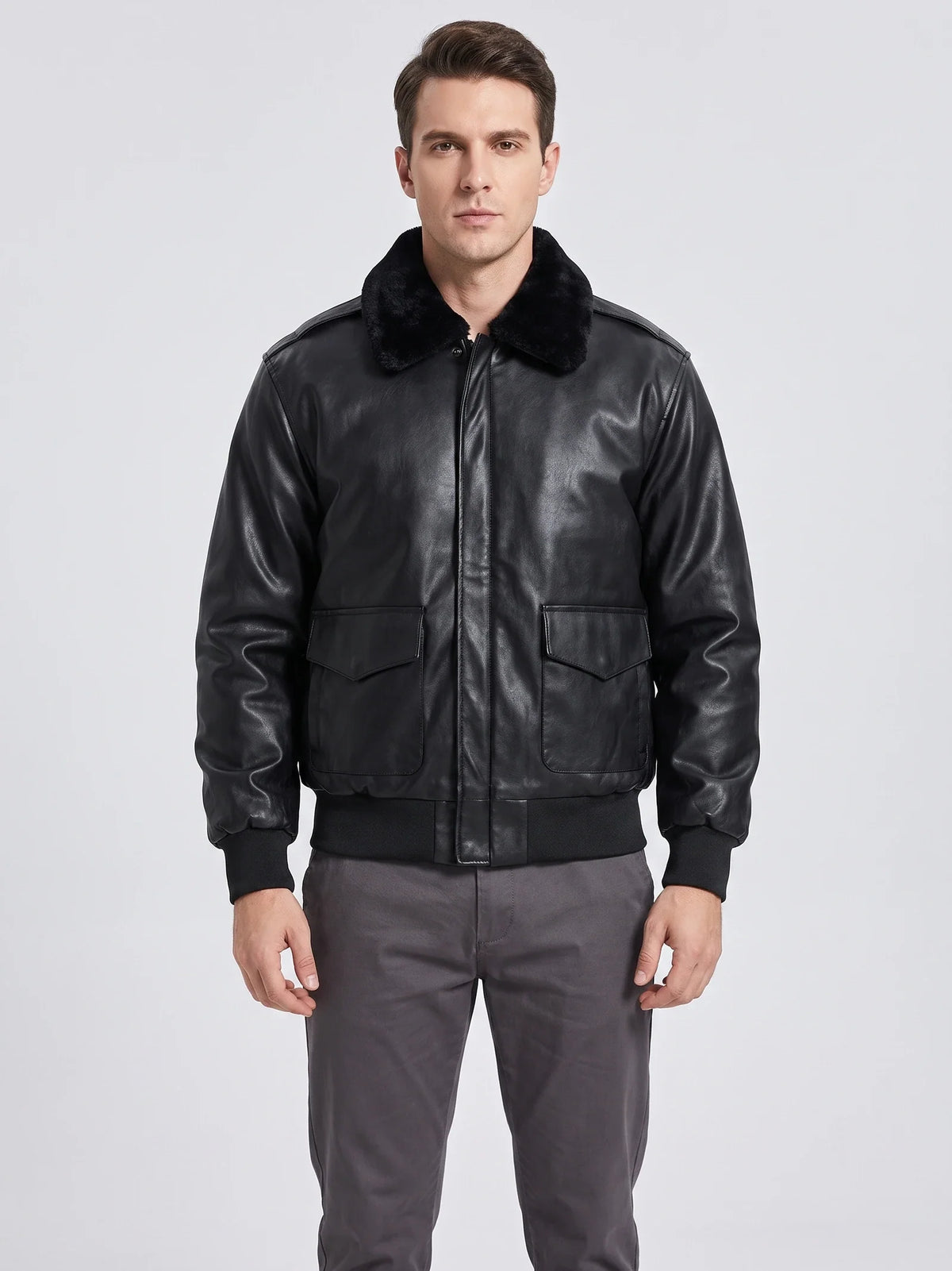 Men's black PU leather A-2 flight bomber jacket – Black front view – Edward & Lawsen
