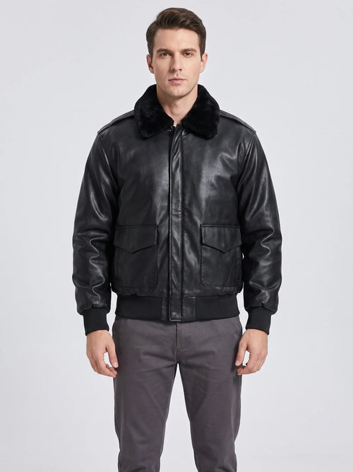 Men's black PU leather A-2 flight bomber jacket – Black front view – Edward & Lawsen