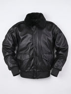 Men's black PU leather A-2 flight bomber jacket – Black full view – Edward & Lawsen