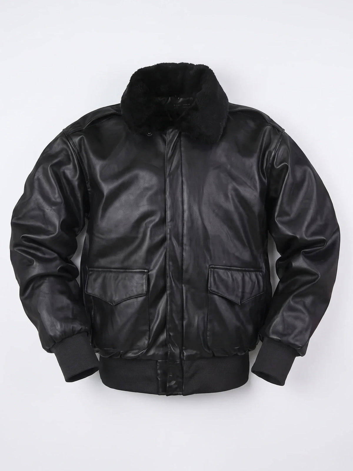 Men's black PU leather A-2 flight bomber jacket – Black full view – Edward & Lawsen