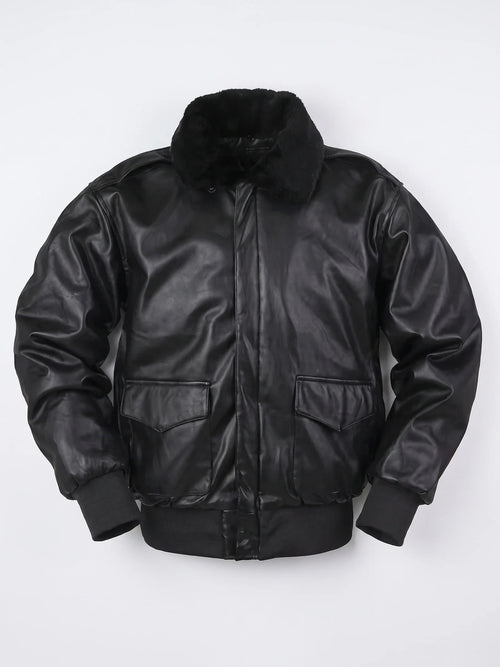 Men's black PU leather A-2 flight bomber jacket – Black full view – Edward & Lawsen