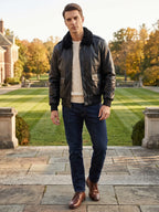 Men's black PU leather A-2 flight bomber jacket – Black lifestyle view – Edward & Lawsen