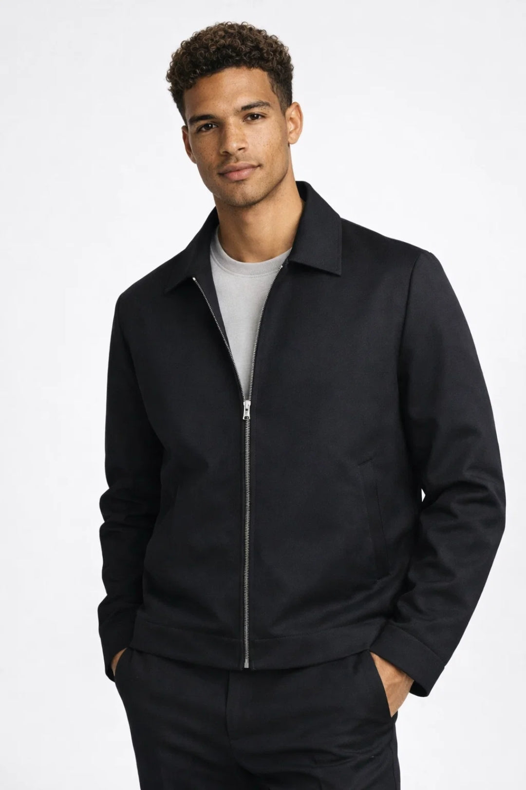 Men's slim fit zip jacket – Black front view – Edward Lawson