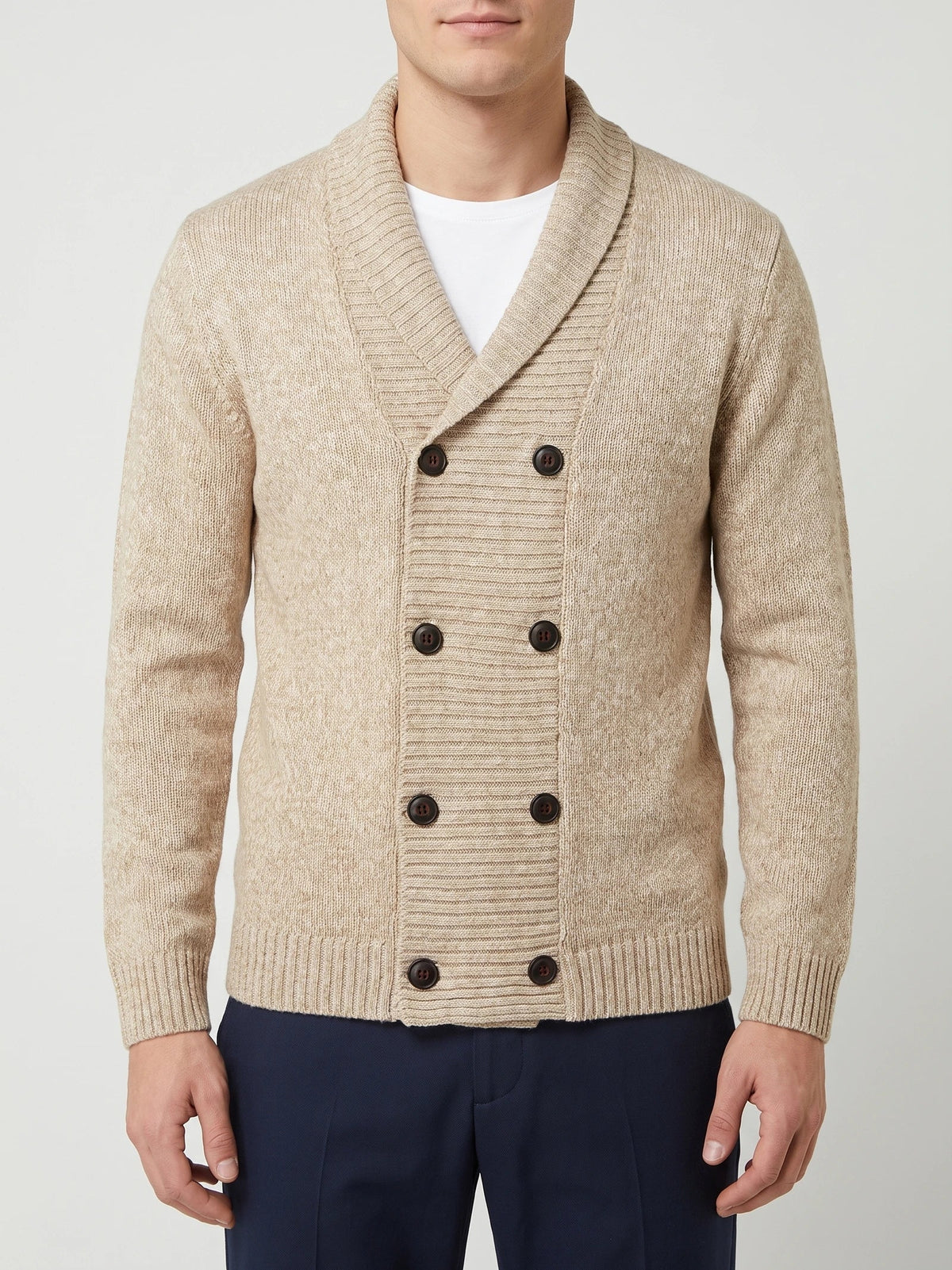 Men's double-button open front cardigan – Beige front view – Edward & Lawsen