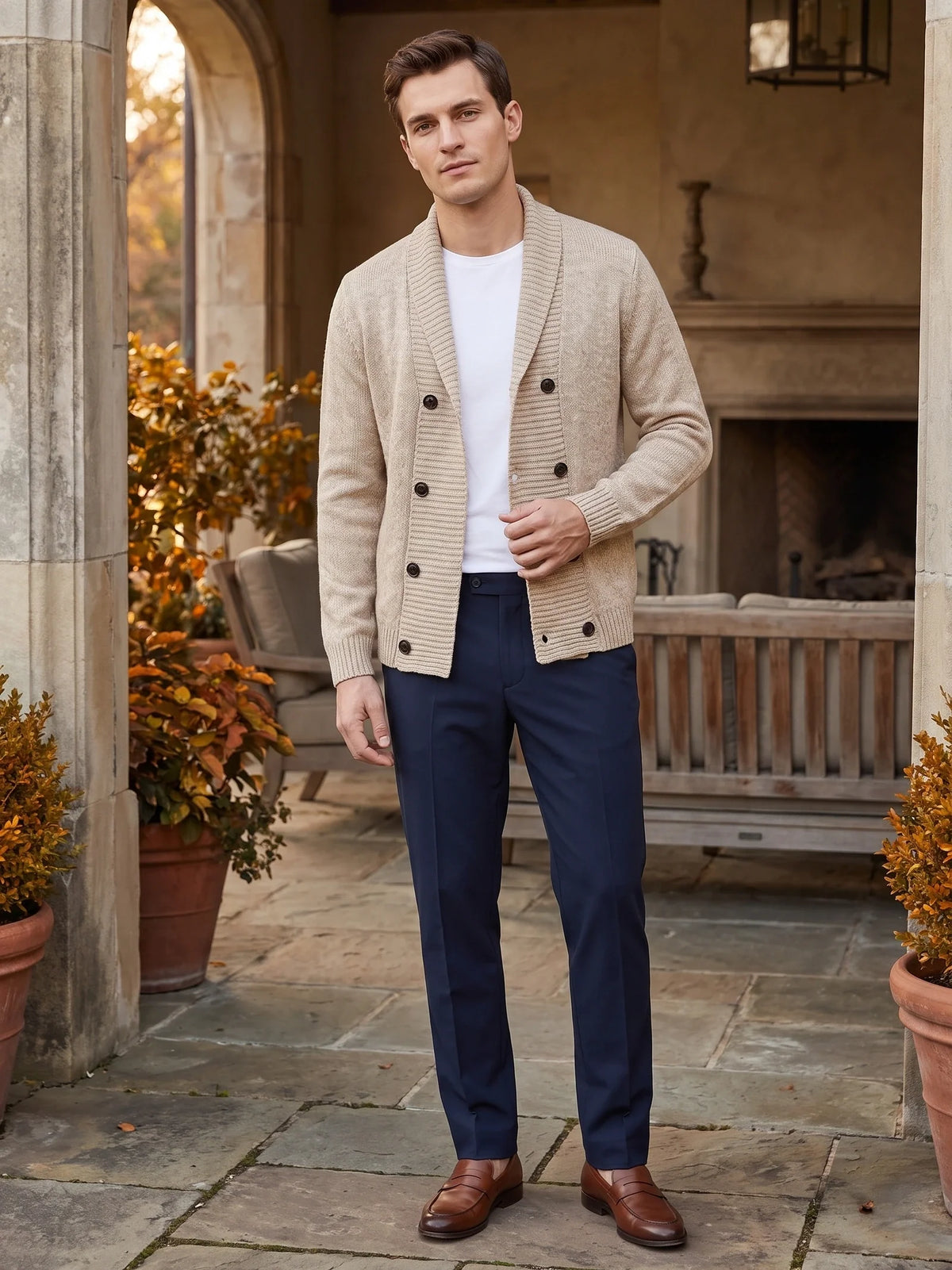 Men's double-button open front cardigan – Beige lifestyle view – Edward & Lawsen