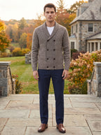 Men's double-button open front cardigan – Brown lifestyle view – Edward & Lawsen