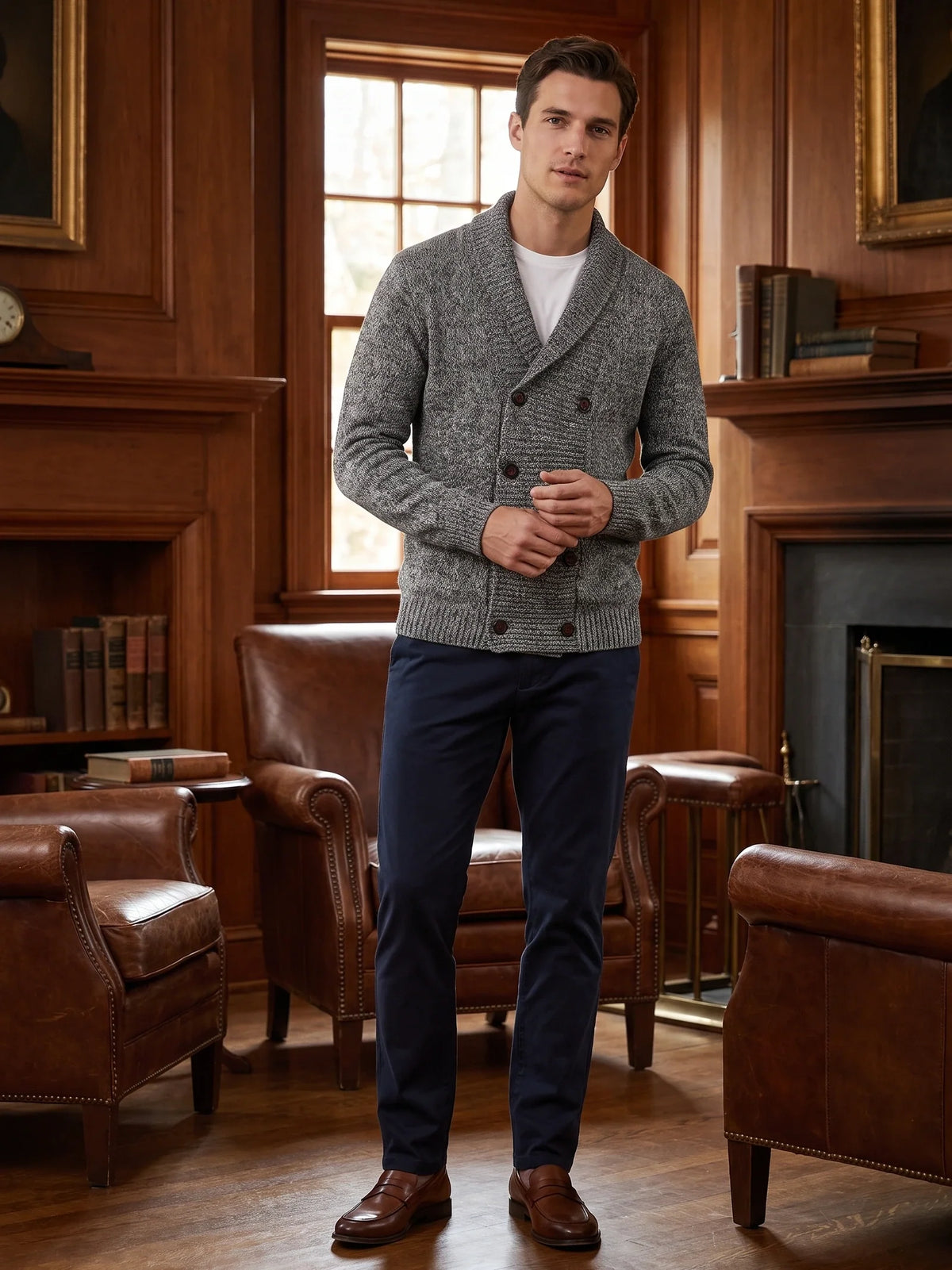 Men's double-button open front cardigan – Gray lifestyle view – Edward & Lawsen