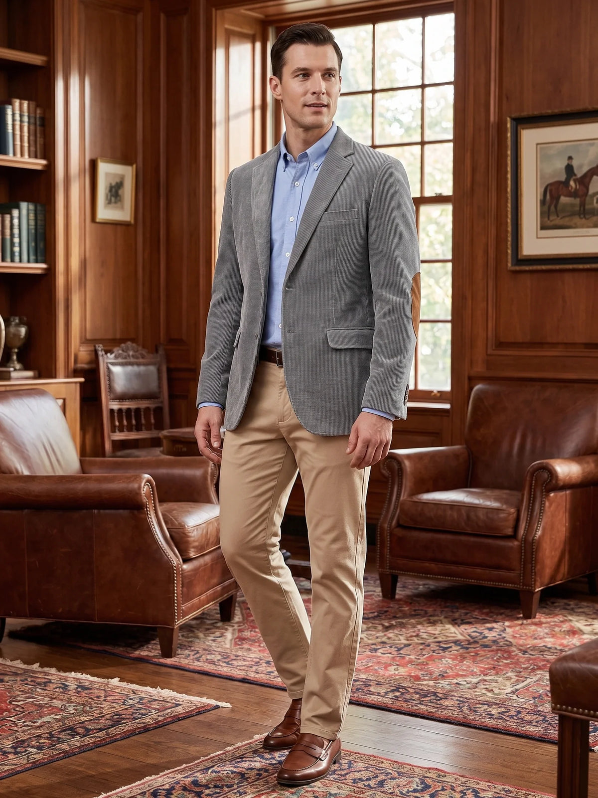 Men's corduroy blazer with elbow patches – Gray lifestyle view – Edward & Lawsen