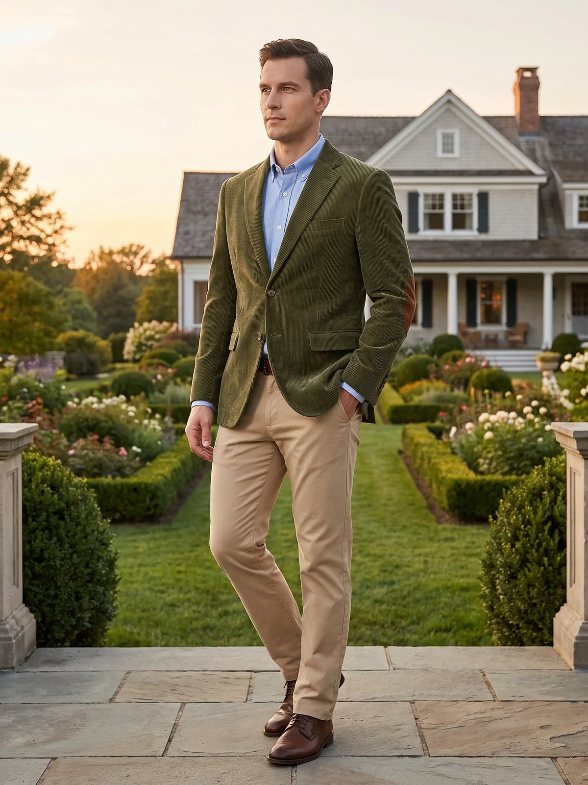 Men's corduroy blazer with elbow patches – Green lifestyle view – Edward & Lawsen