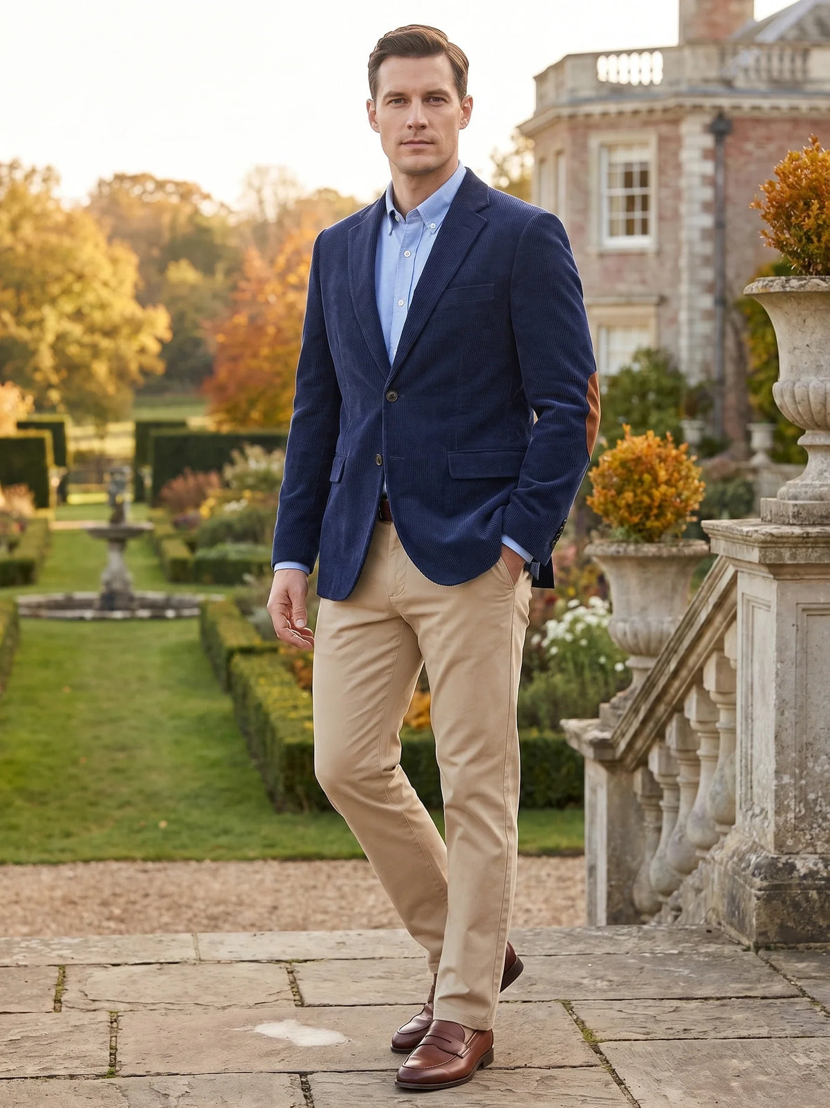 Men's corduroy blazer with elbow patches – Navy lifestyle view – Edward & Lawsen