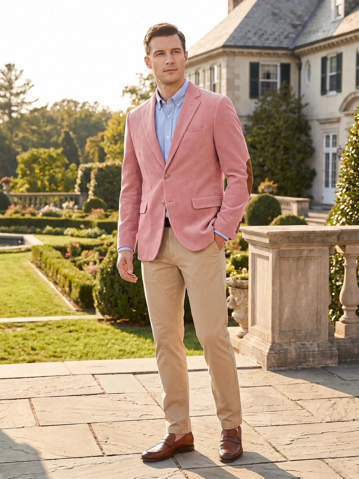 Men's corduroy blazer with elbow patches – Pink lifestyle view – Edward & Lawsen
