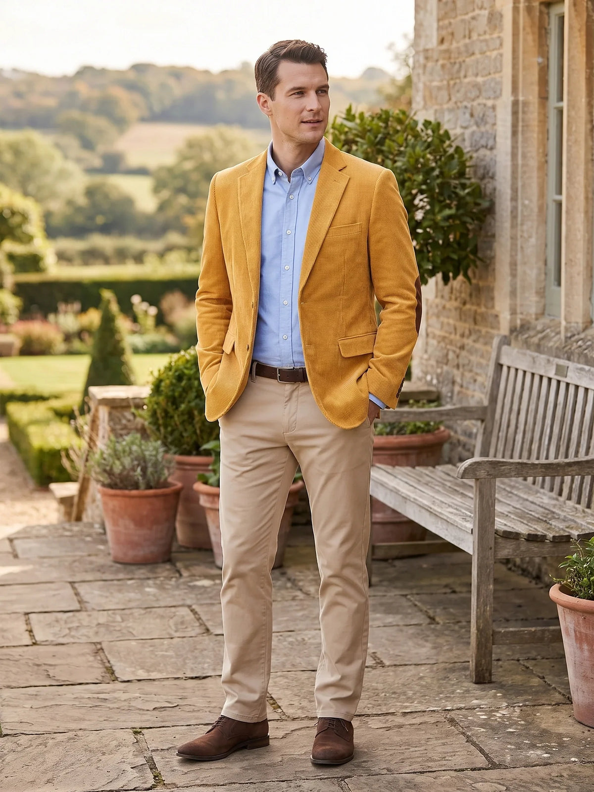 Men's corduroy blazer with elbow patches – Yellow lifestyle view – Edward & Lawsen