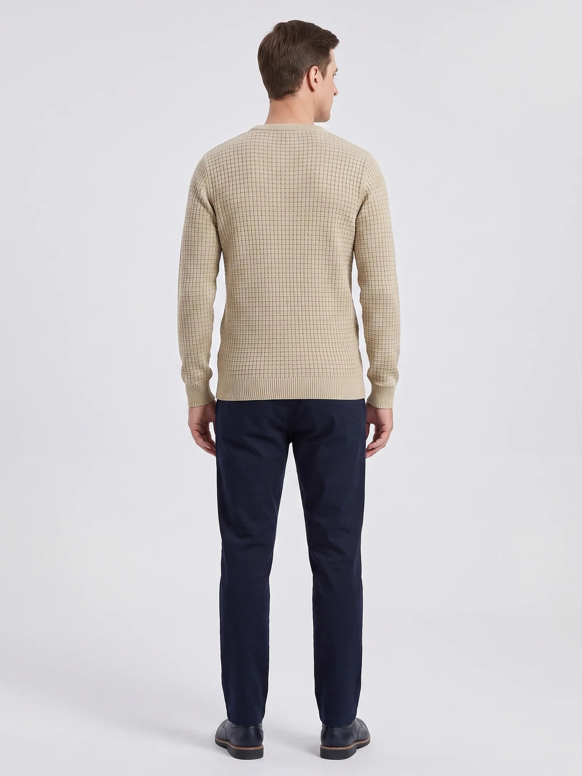 Men's solid color crewneck sweater – Beige back view – Edward & Lawsen