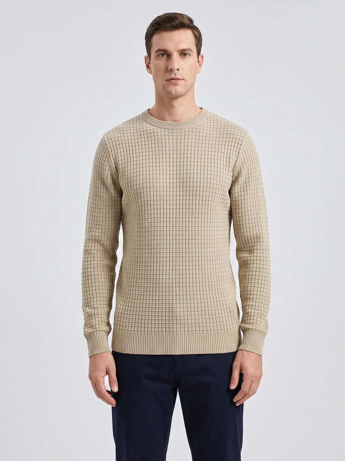 Men's solid color crewneck sweater – Beige front view – Edward & Lawsen