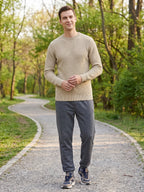 Men's solid color crewneck sweater – Beige lifestyle view – Edward & Lawsen