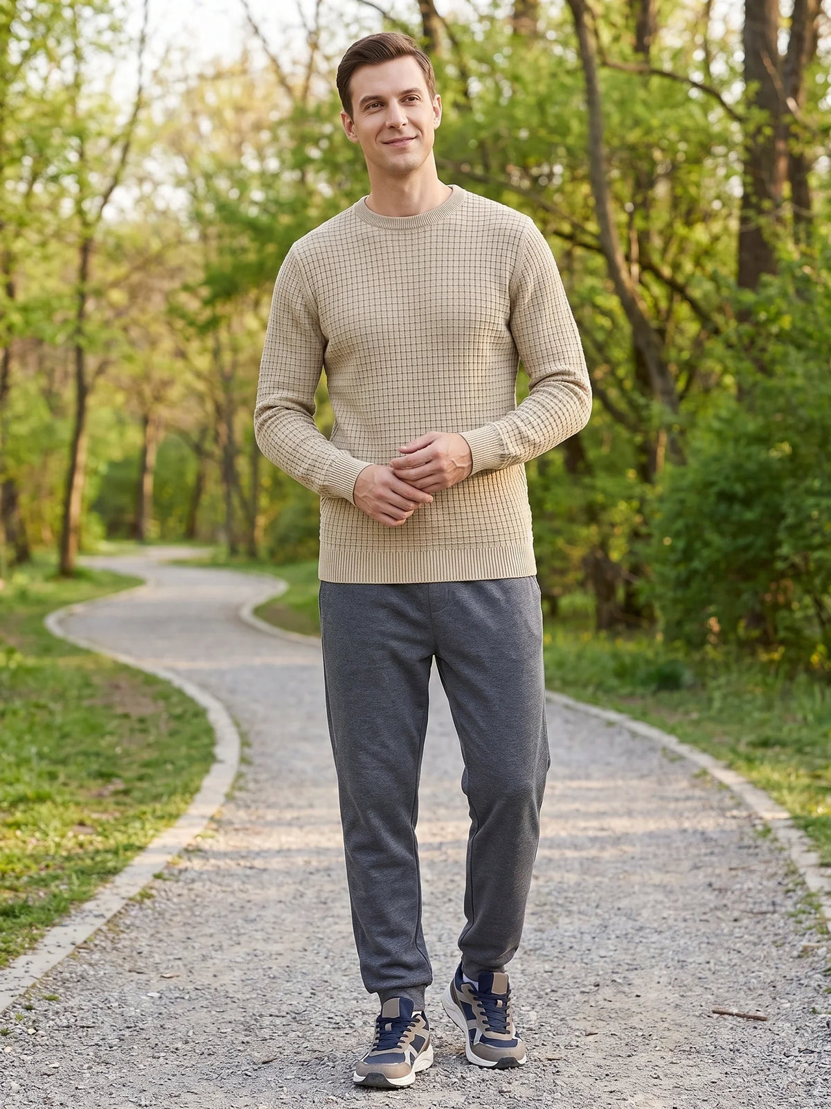 Men's solid color crewneck sweater – Beige lifestyle view – Edward & Lawsen