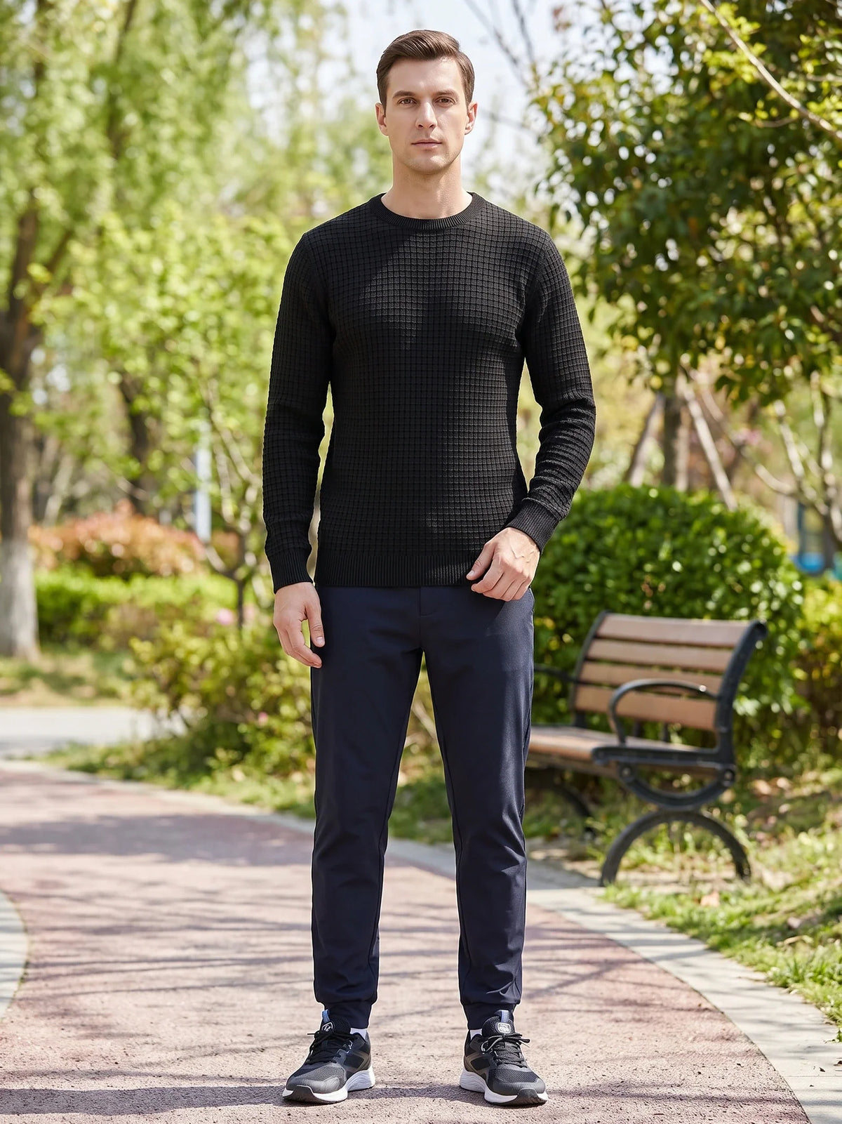 Men's solid color crewneck sweater – Black lifestyle view – Edward & Lawsen