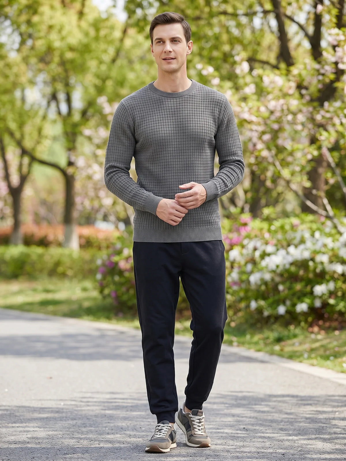 Men's solid color crewneck sweater – Gray lifestyle view – Edward & Lawsen