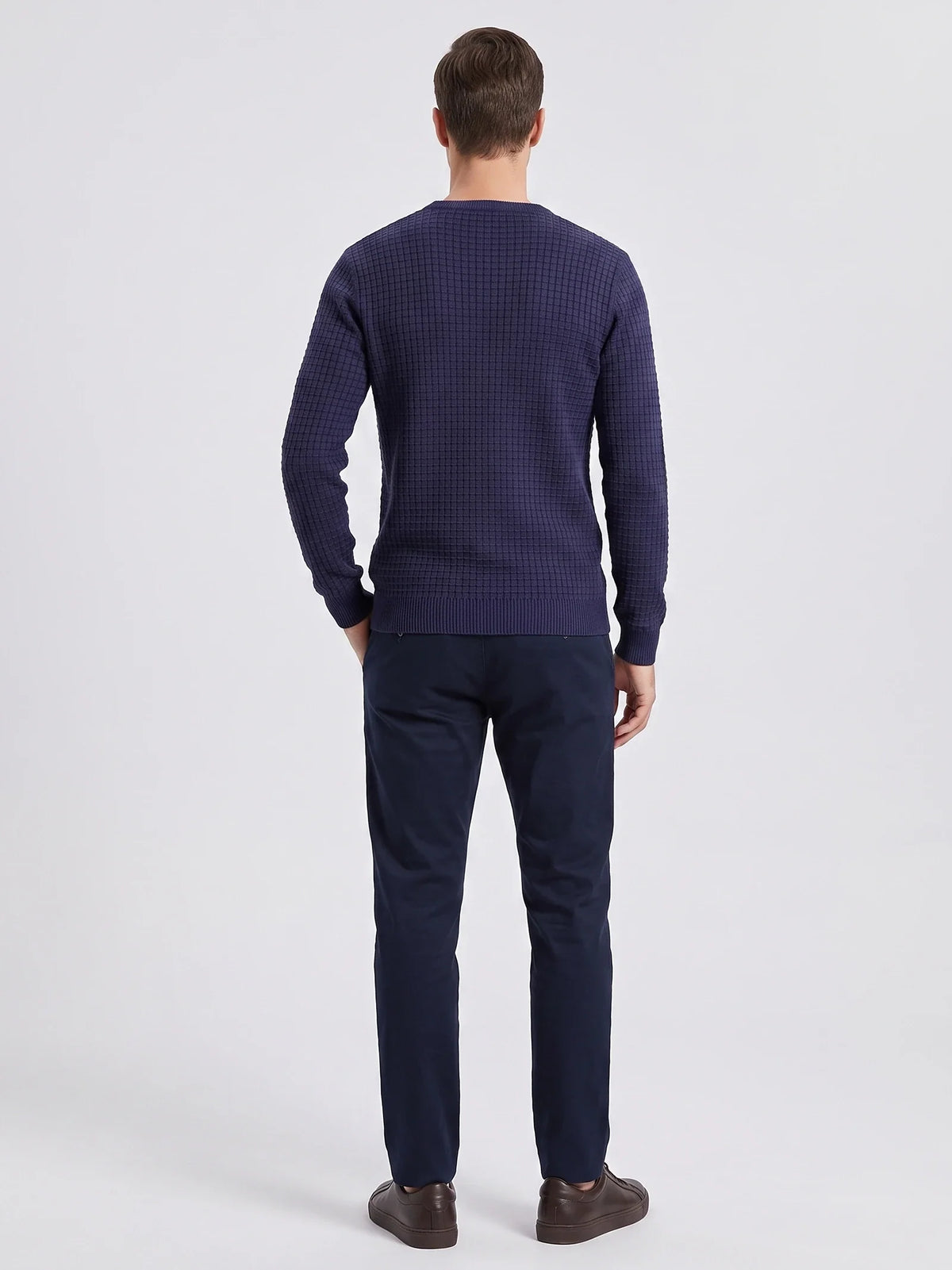 Men's solid color crewneck sweater – Navy back view – Edward & Lawsen