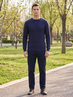 Men's solid color crewneck sweater – Navy lifestyle view – Edward & Lawsen