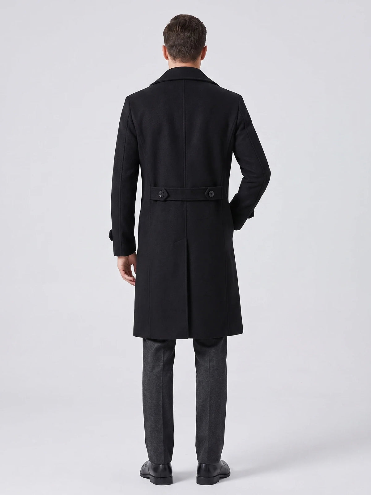 Men's double-breasted trench coat – Black back view – Edward & Lawsen