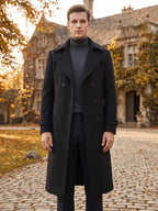Men's double-breasted trench coat – Black lifestyle view – Edward & Lawsen