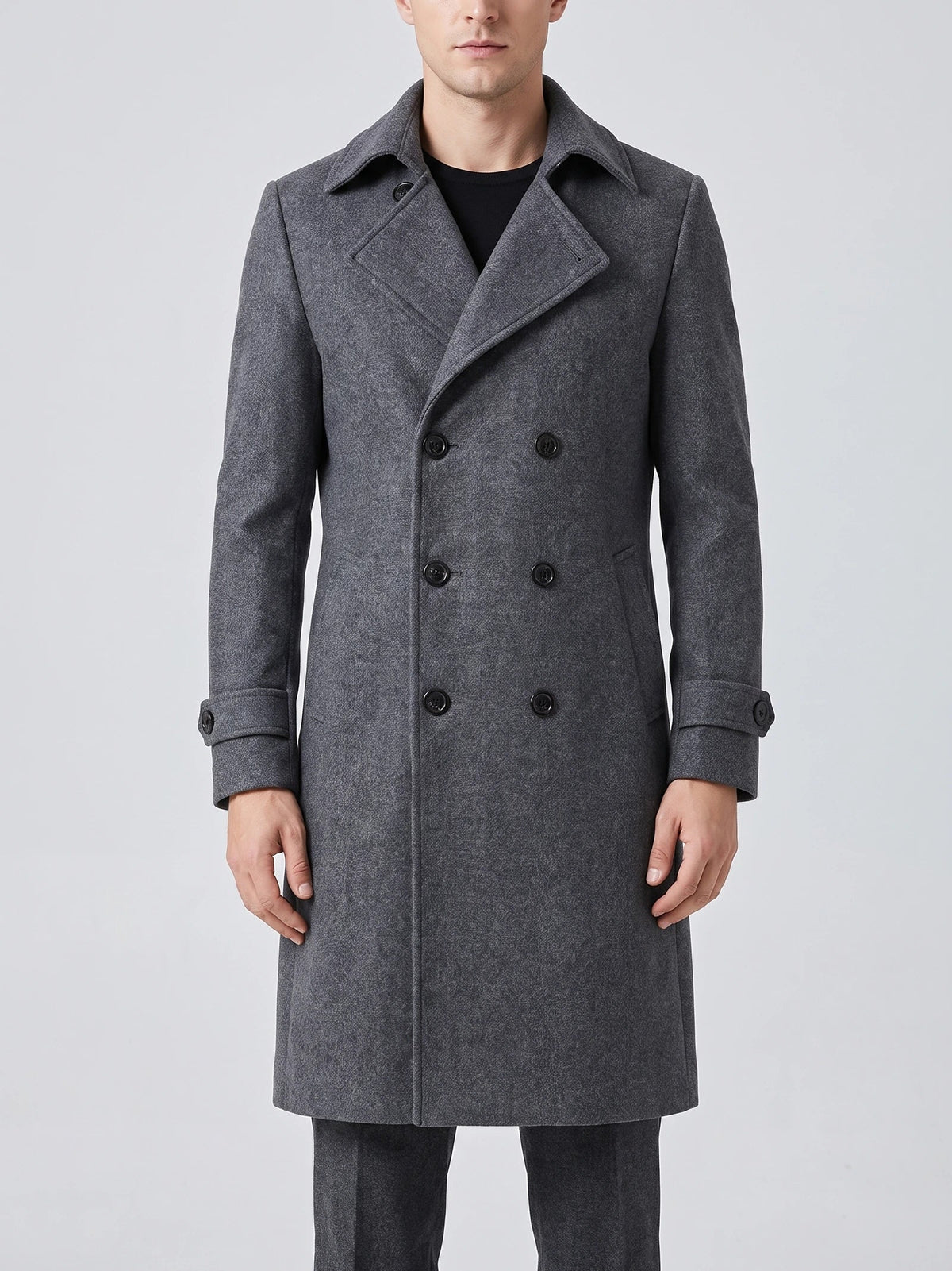 Men's double-breasted trench coat – Gray front view – Edward & Lawsen