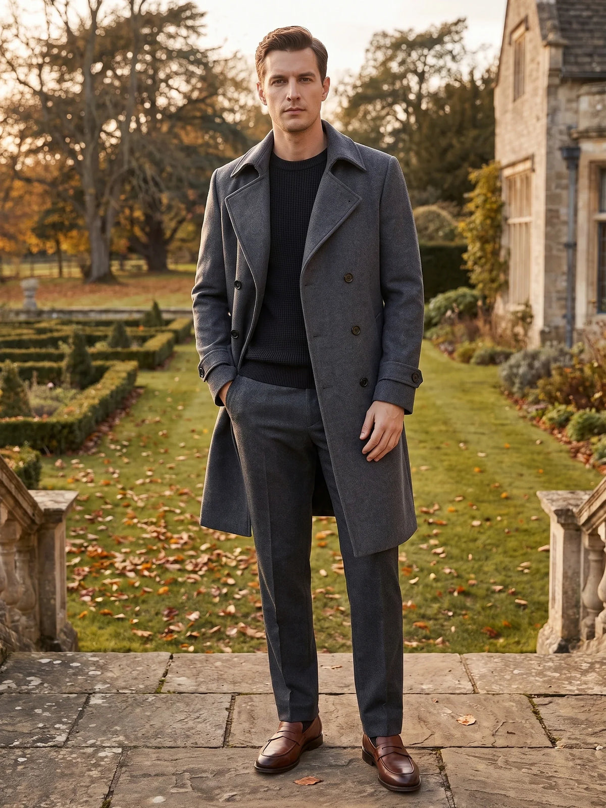 Men's double-breasted trench coat – Gray lifestyle view – Edward & Lawsen