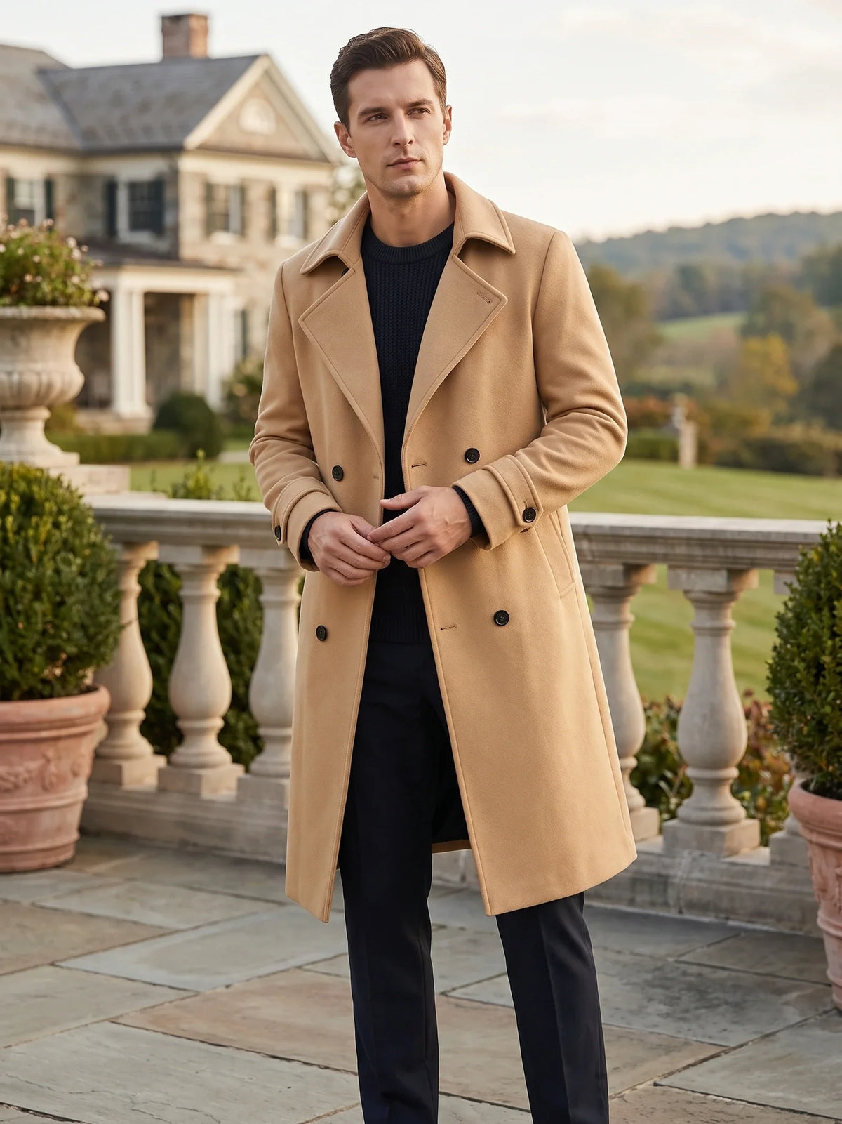 Men's double-breasted trench coat – Khaki lifestyle view – Edward & Lawsen