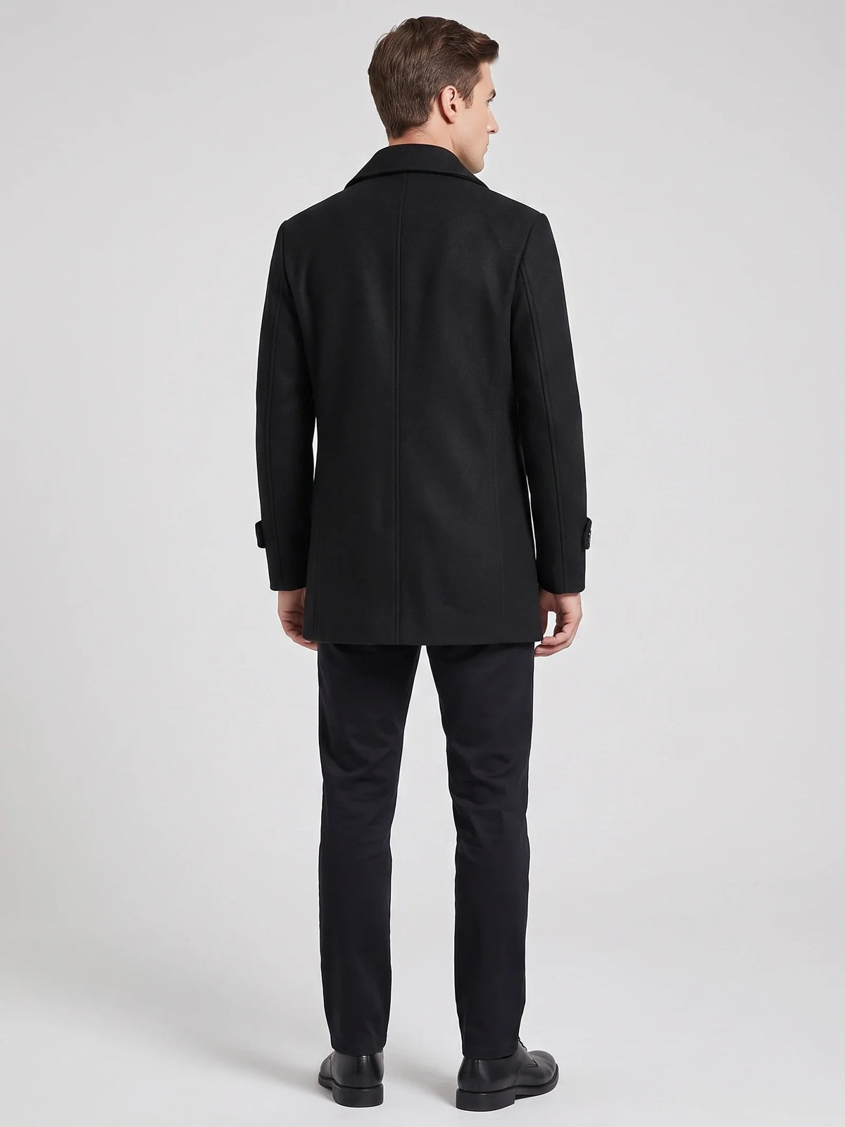 Men's double-breasted wool peacoat – Black back view – Edward & Lawsen