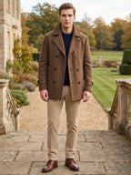 Men's double-breasted wool peacoat – Brown lifestyle view – Edward & Lawsen