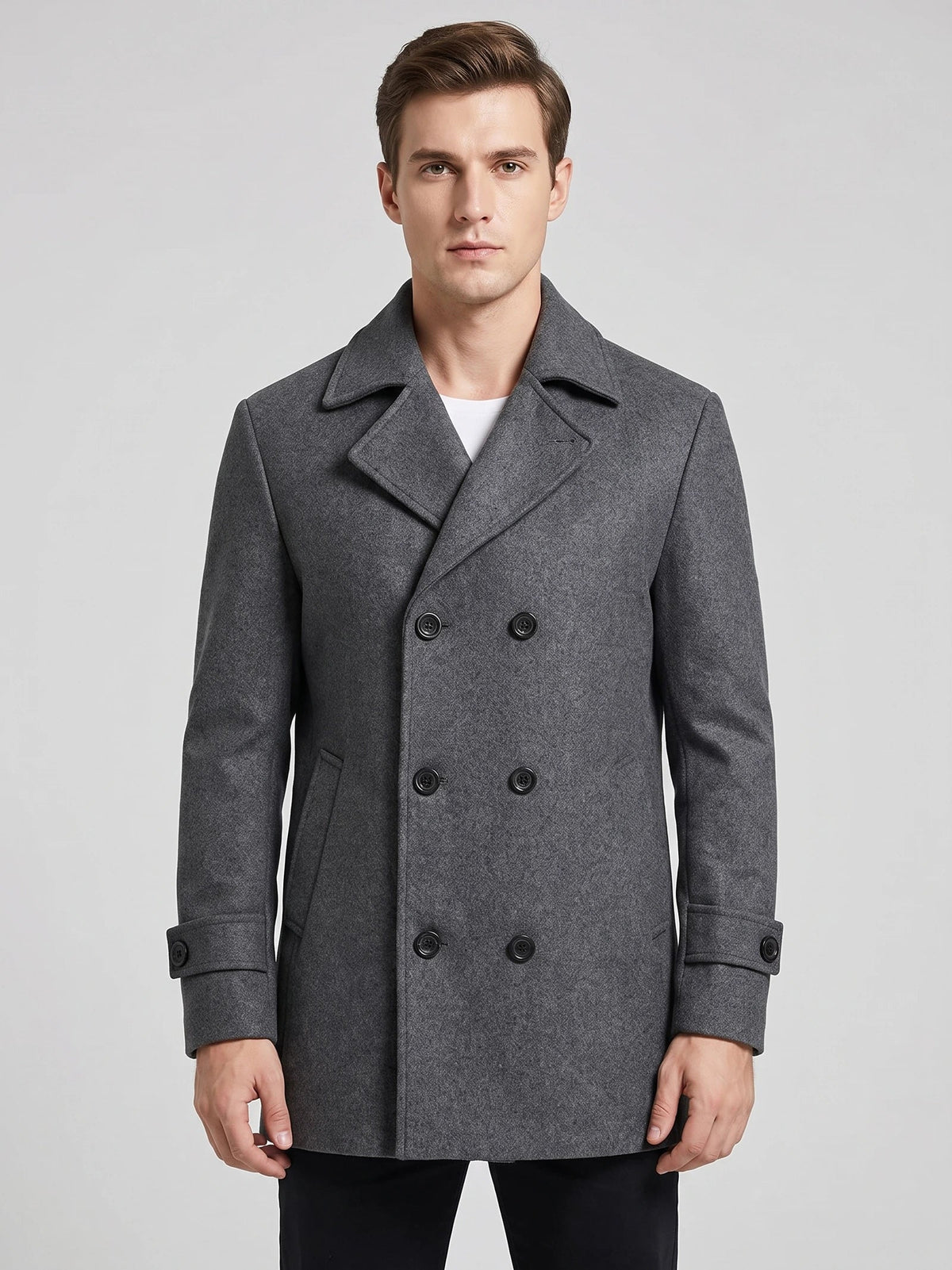 Men's double-breasted wool peacoat – Gray front view – Edward & Lawsen