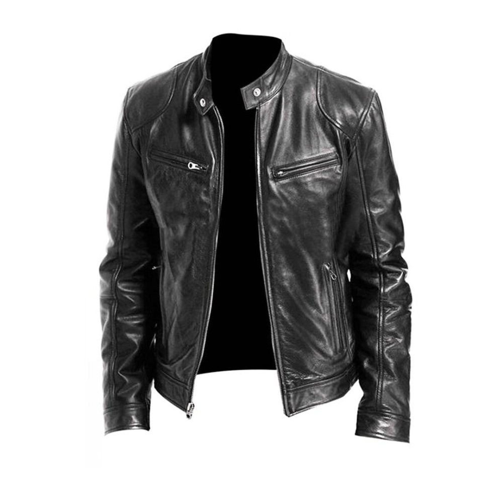 Men's band-collar leather racer jacket – Black – Edward Lawson
