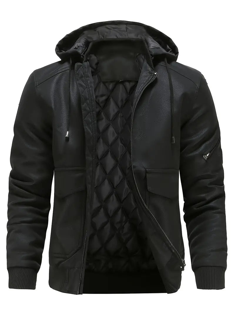 Men's hooded leather-style winter jacket – black – Edward Lawson