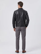 Men's black PU leather bomber motorcycle jacket – Black back view – Edward & Lawsen