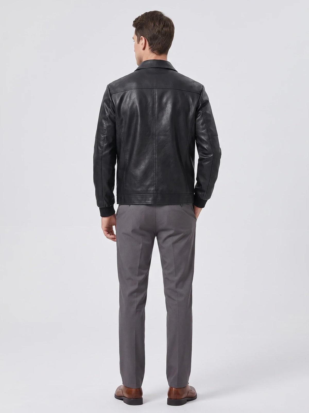 Men's black PU leather bomber motorcycle jacket – Black back view – Edward & Lawsen