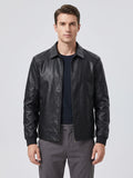Men's black PU leather bomber motorcycle jacket – Black front view – Edward & Lawsen