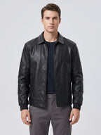 Men's black PU leather bomber motorcycle jacket – Black front view – Edward & Lawsen
