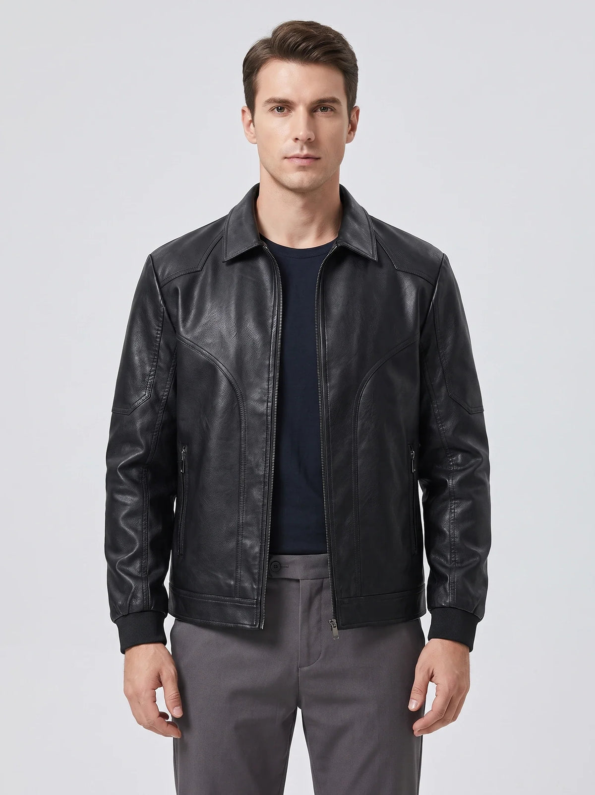 Men's black PU leather bomber motorcycle jacket – Black front view – Edward & Lawsen
