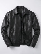 Men's black PU leather bomber motorcycle jacket – Black full view – Edward & Lawsen