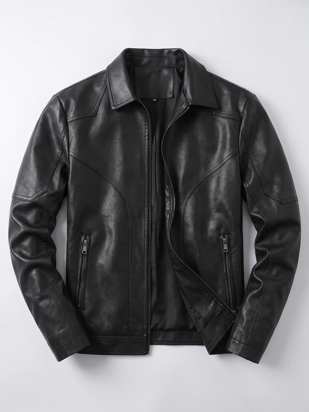 Men's black PU leather bomber motorcycle jacket – Black full view – Edward & Lawsen